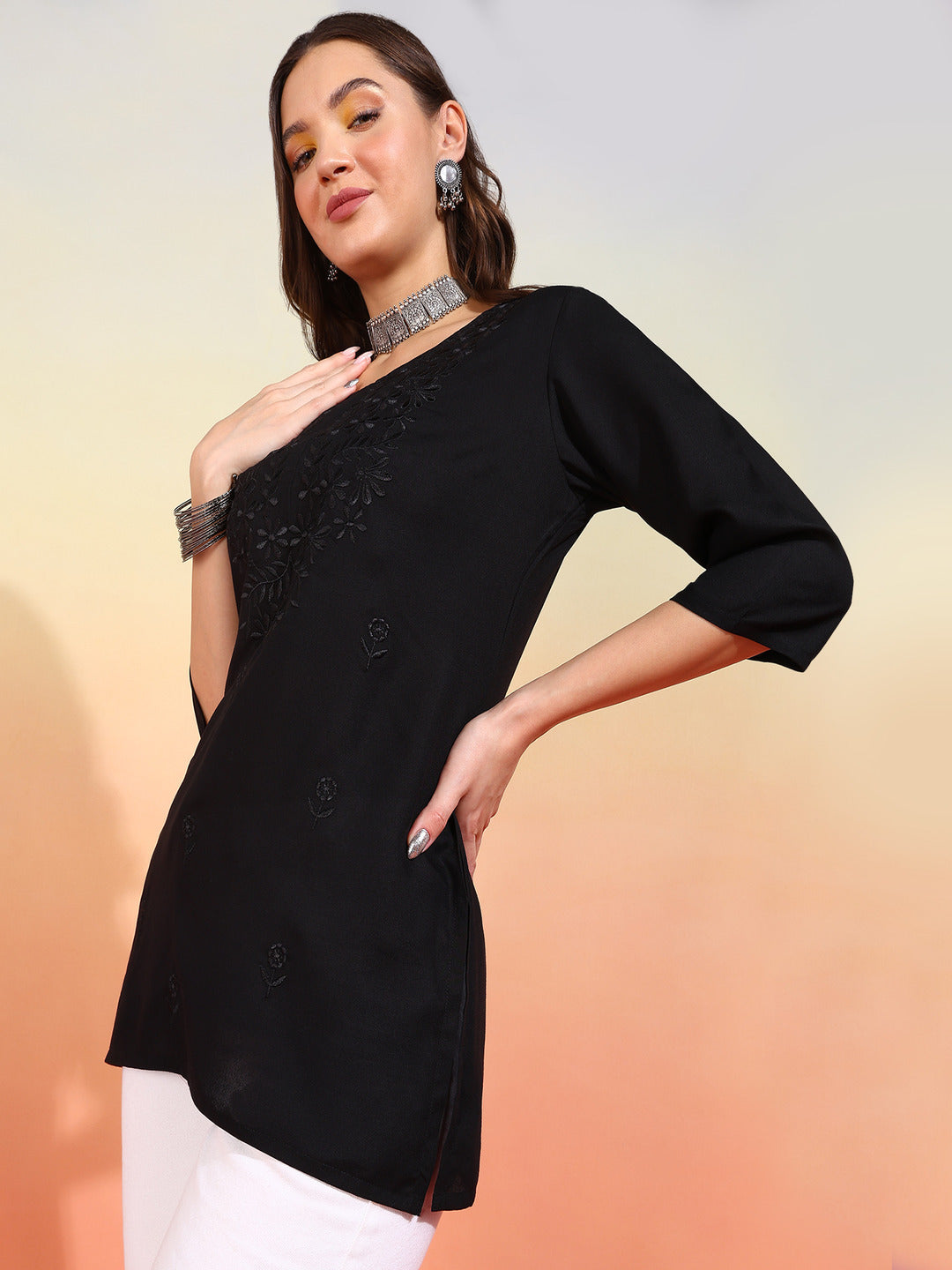 Straight Embroidered Viscose Rayon Tunic