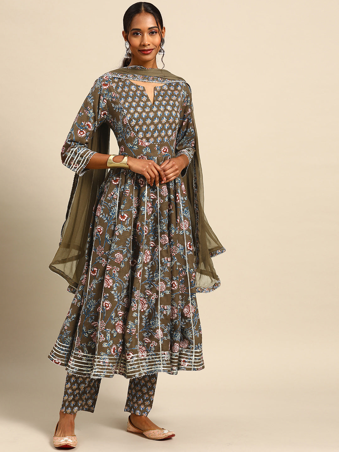 Printed Long A-Line Cotton Kurta Set With Dupatta