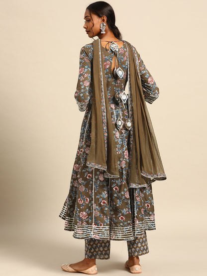 Printed Long A-Line Cotton Kurta Set With Dupatta