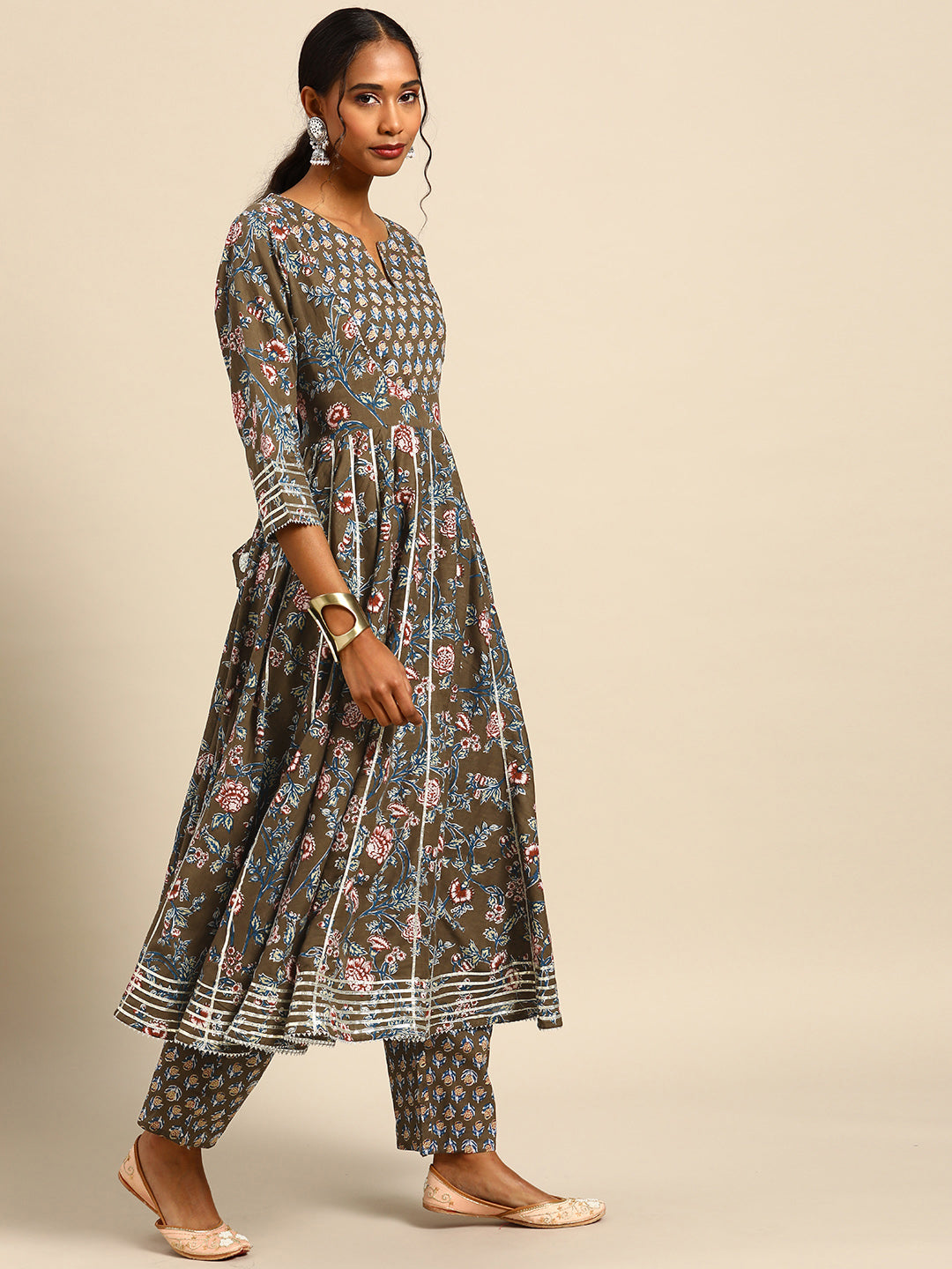 Printed Long A-Line Cotton Kurta Set With Dupatta