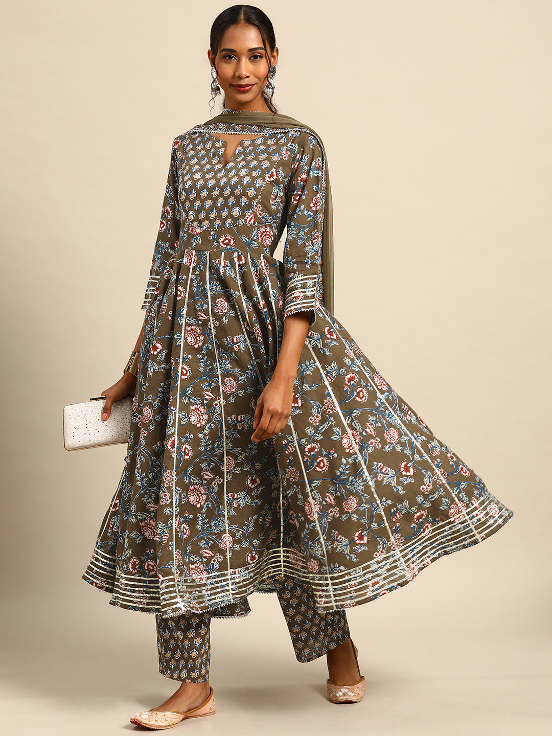 Printed Long A-Line Cotton Kurta Set With Dupatta