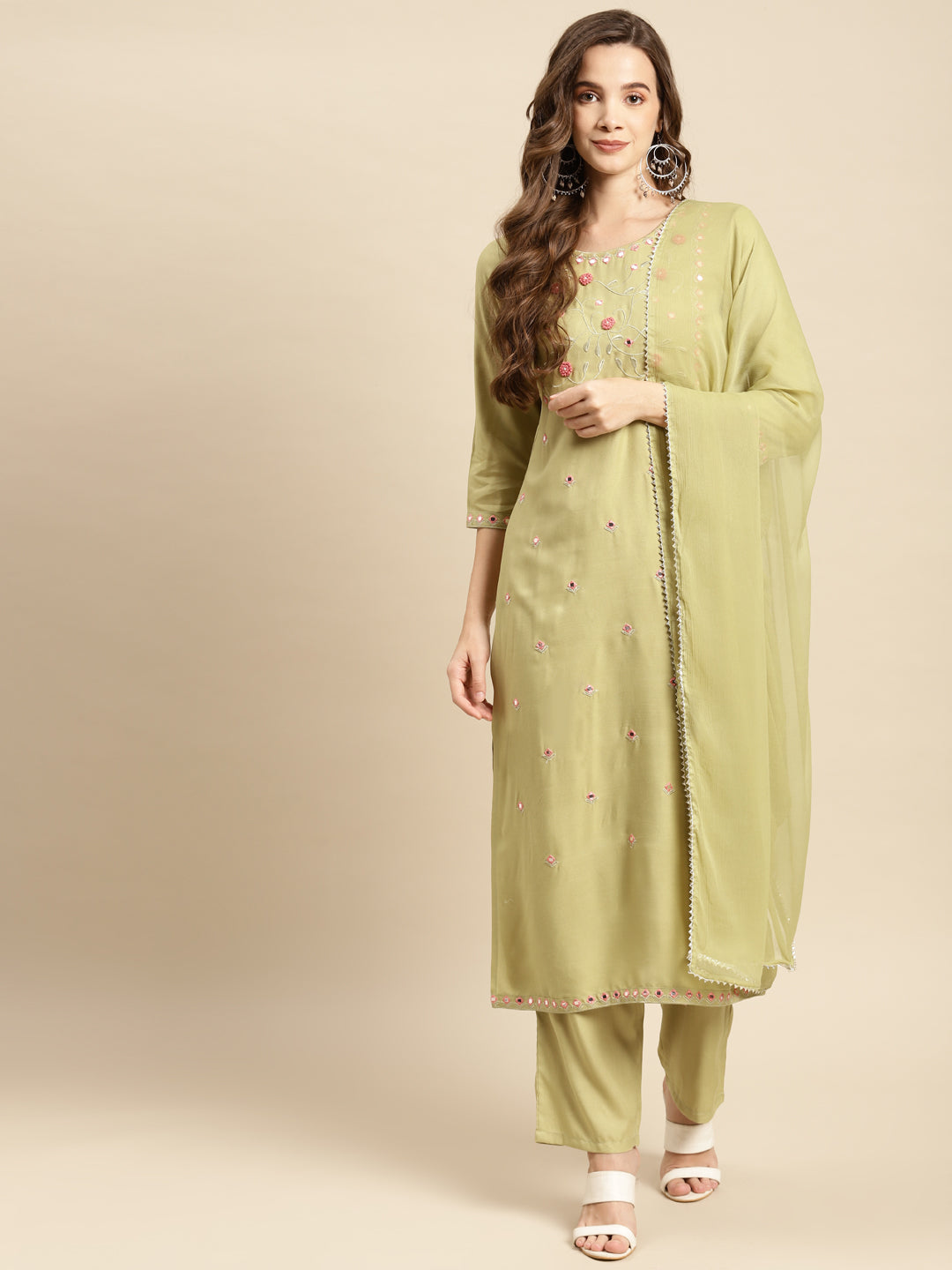 Embroidered Long Straight Rayon Kurta Set With Dupatta