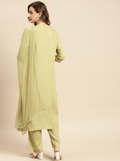 Embroidered Long Straight Rayon Kurta Set With Dupatta