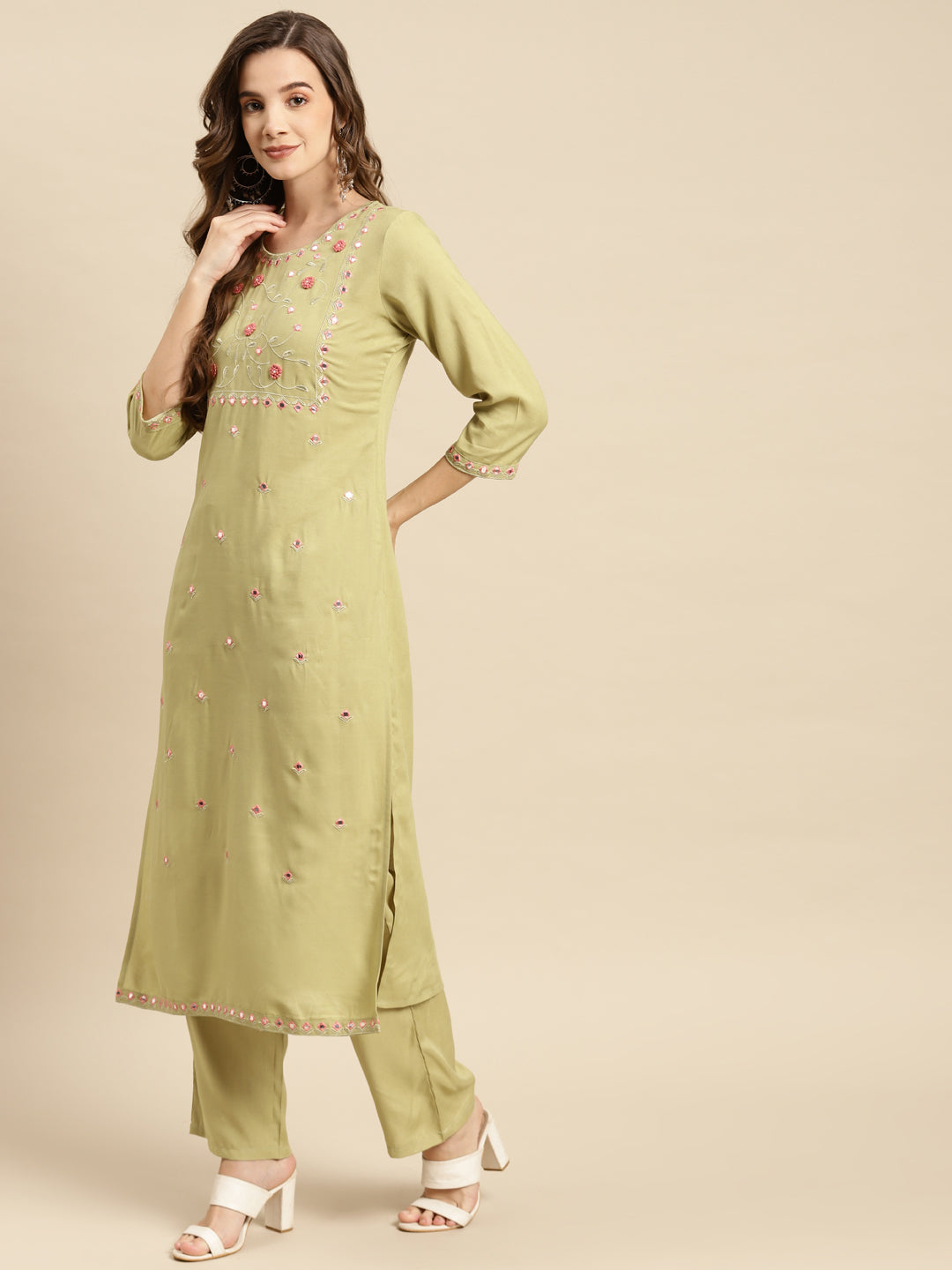 Embroidered Long Straight Rayon Kurta Set With Dupatta