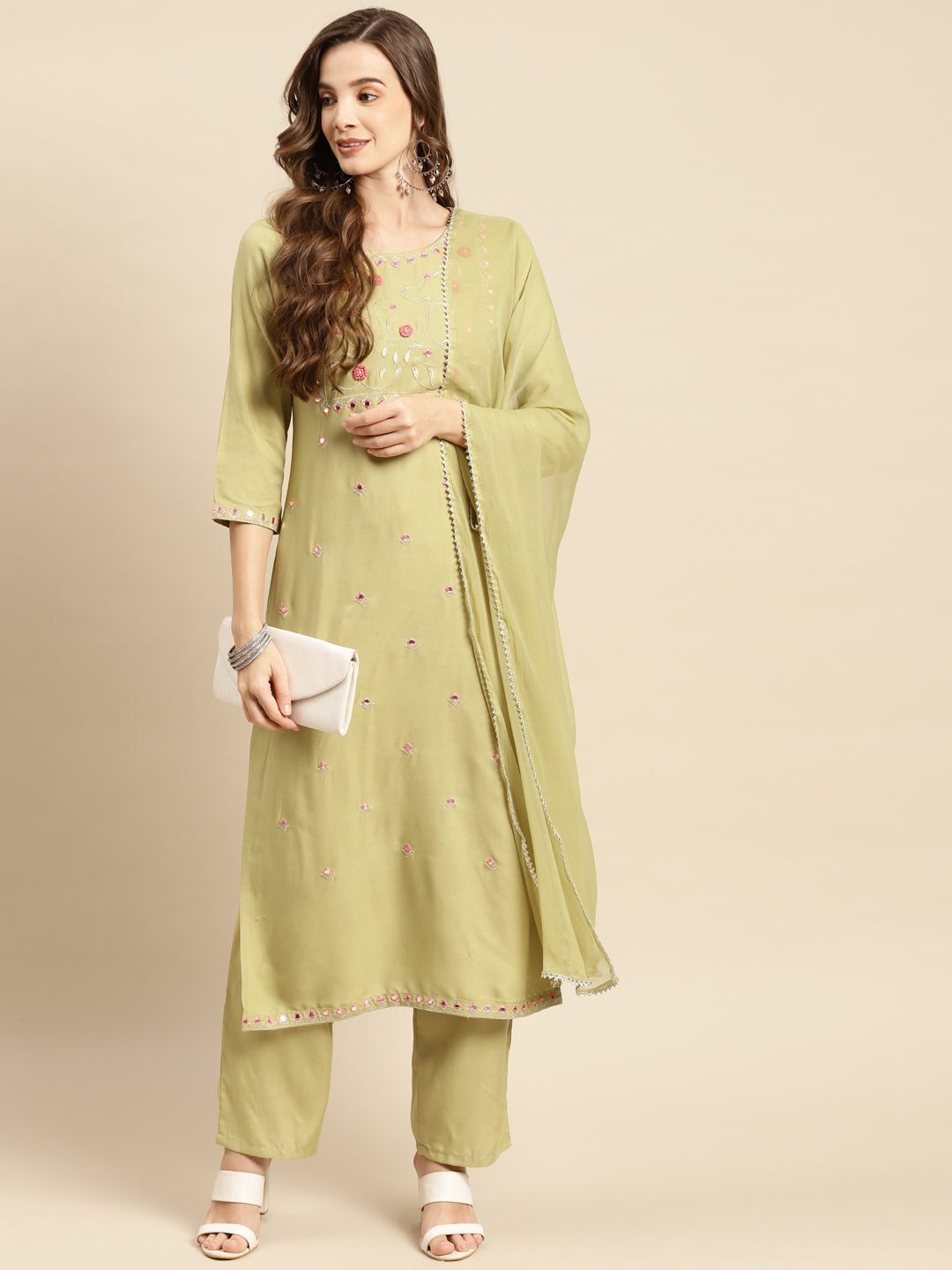 Embroidered Long Straight Rayon Kurta Set With Dupatta