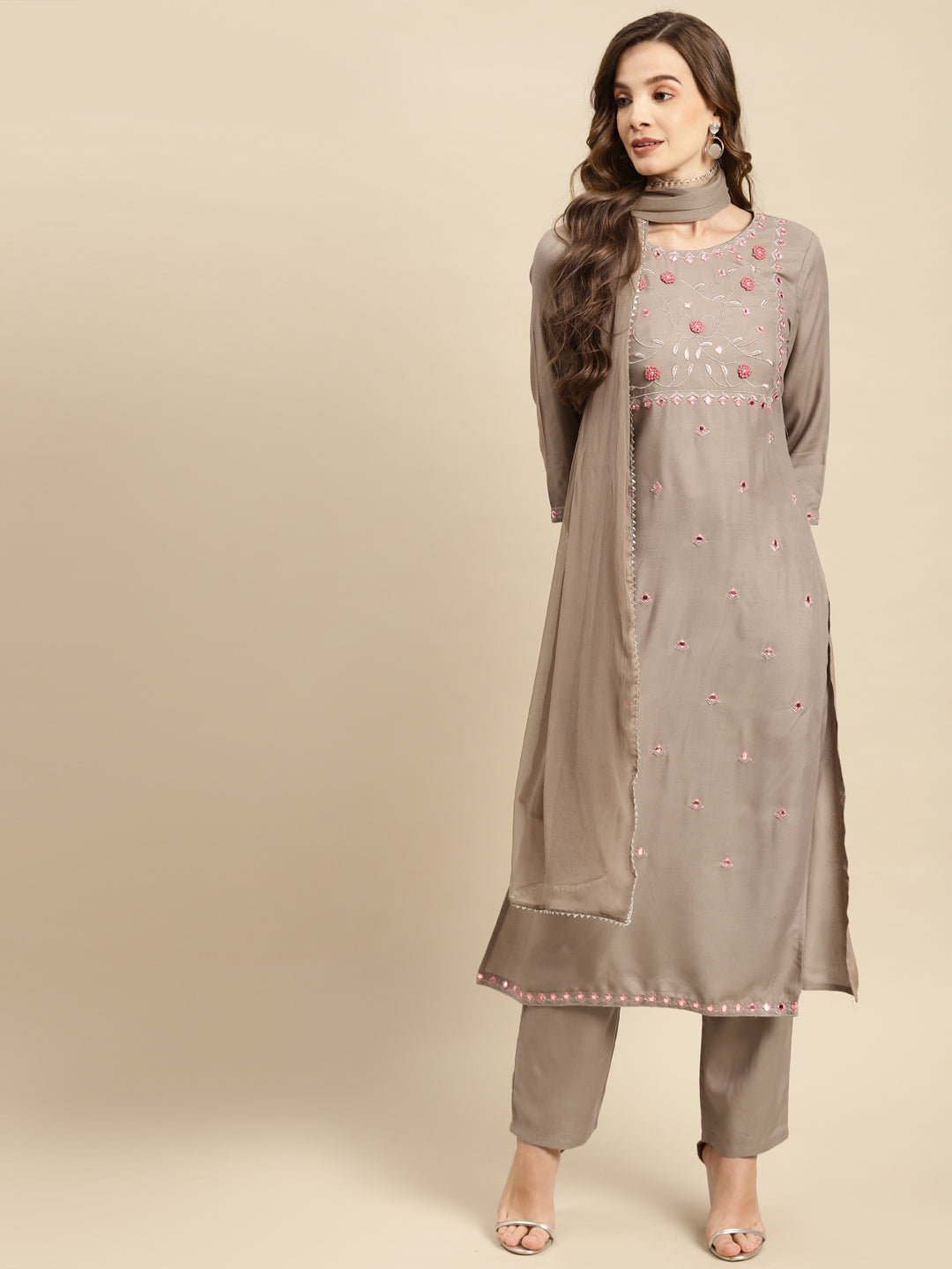 Embroidered Long Straight Rayon Kurta Set With Dupatta