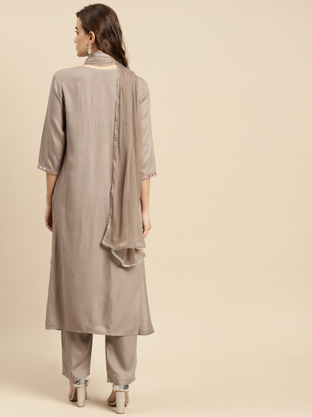 Embroidered Long Straight Rayon Kurta Set With Dupatta