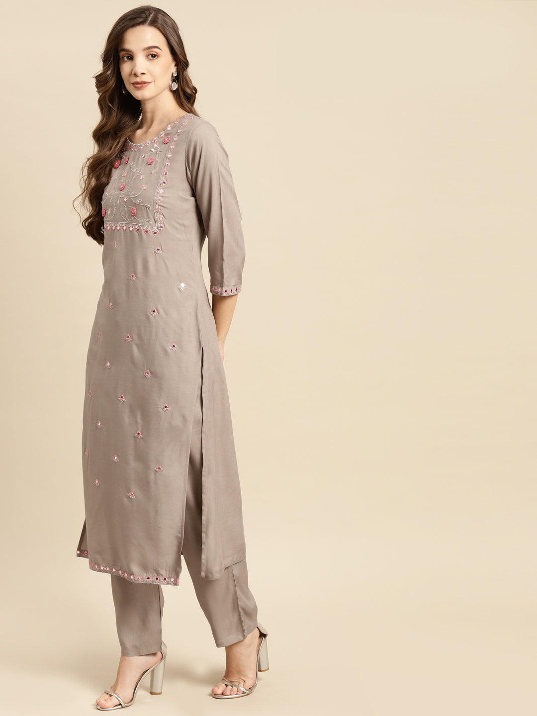 Embroidered Long Straight Rayon Kurta Set With Dupatta