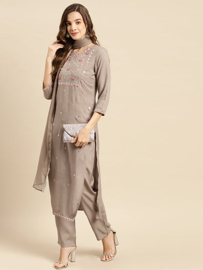 Embroidered Long Straight Rayon Kurta Set With Dupatta