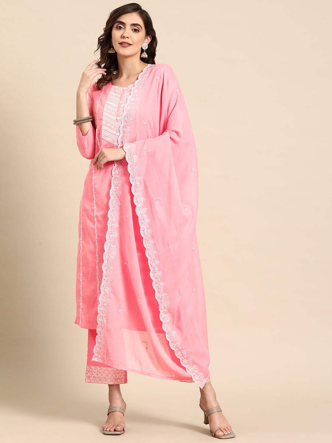 Embroidered Long Straight Cotton Kurta With Dupatta