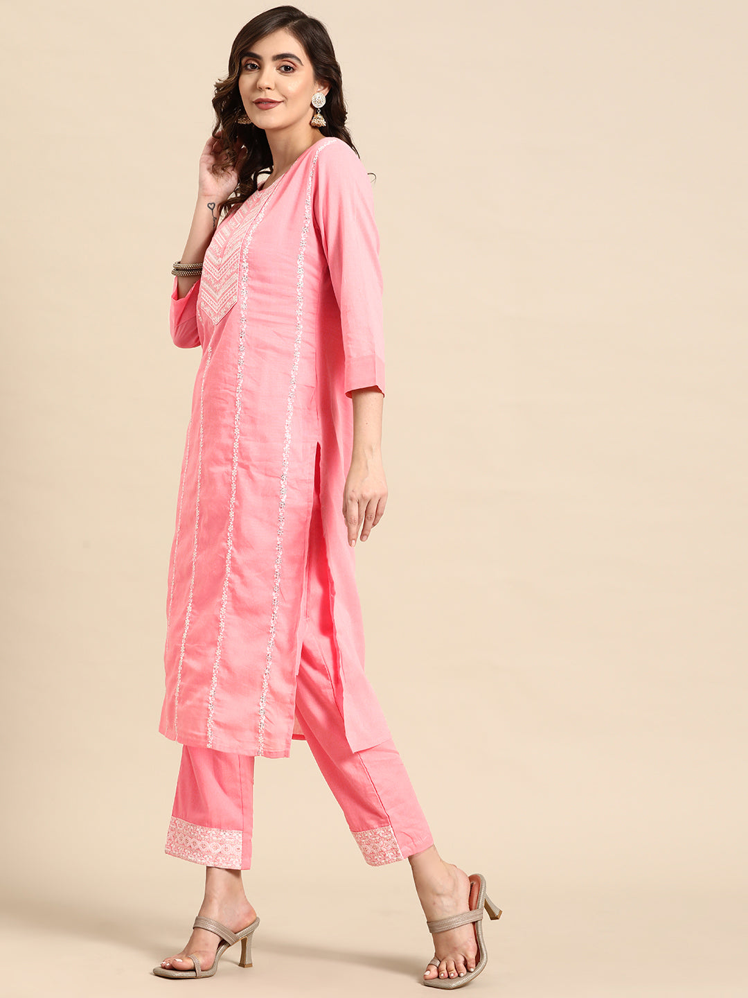 Embroidered Long Straight Cotton Kurta With Dupatta