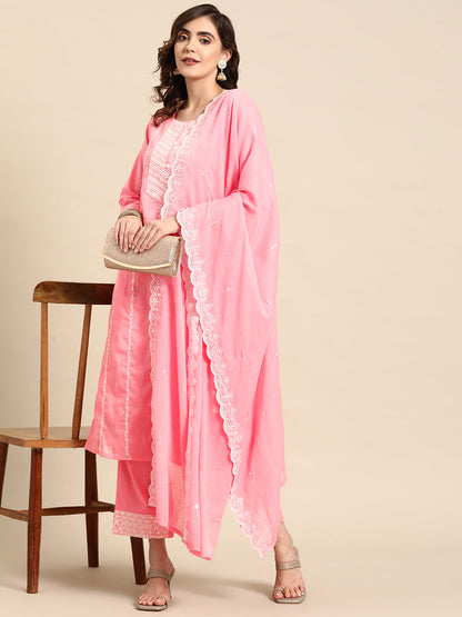 Embroidered Long Straight Cotton Kurta With Dupatta