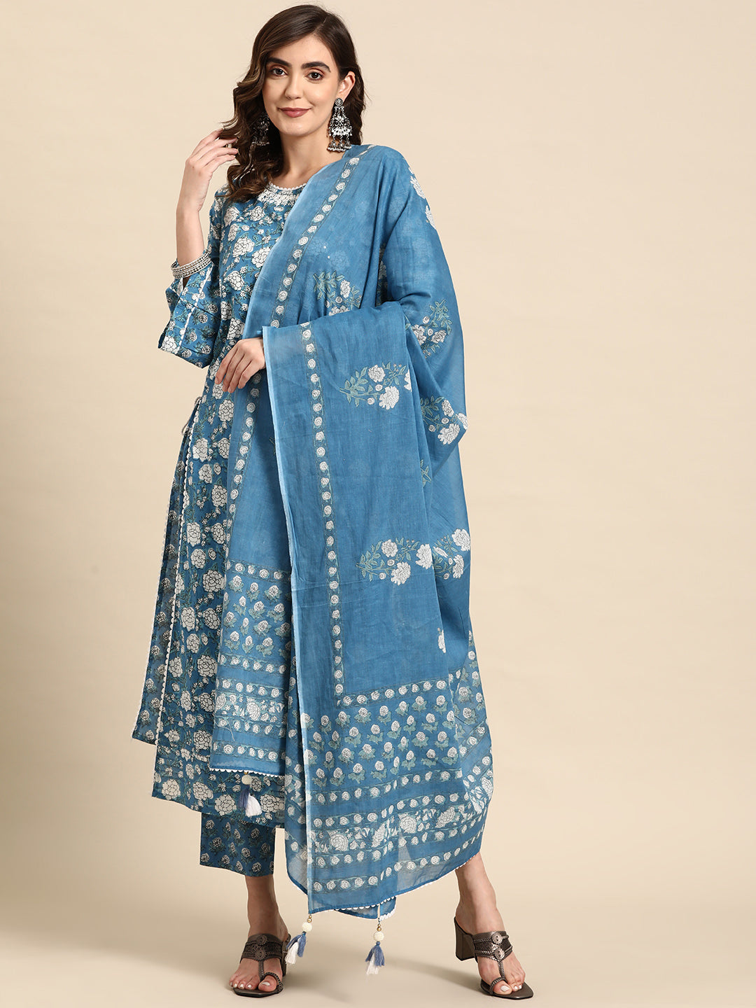 Embroidered Long Straight Cotton Kurta With Dupatta