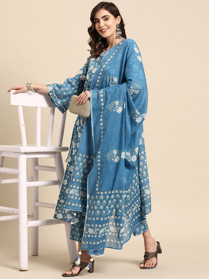 Embroidered Long Straight Cotton Kurta With Dupatta