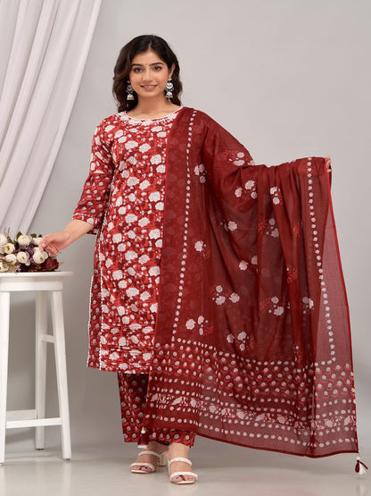 Embroidered Long Straight Cotton Kurta With Dupatta