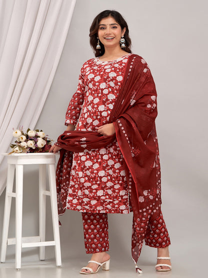 Embroidered Long Straight Cotton Kurta With Dupatta