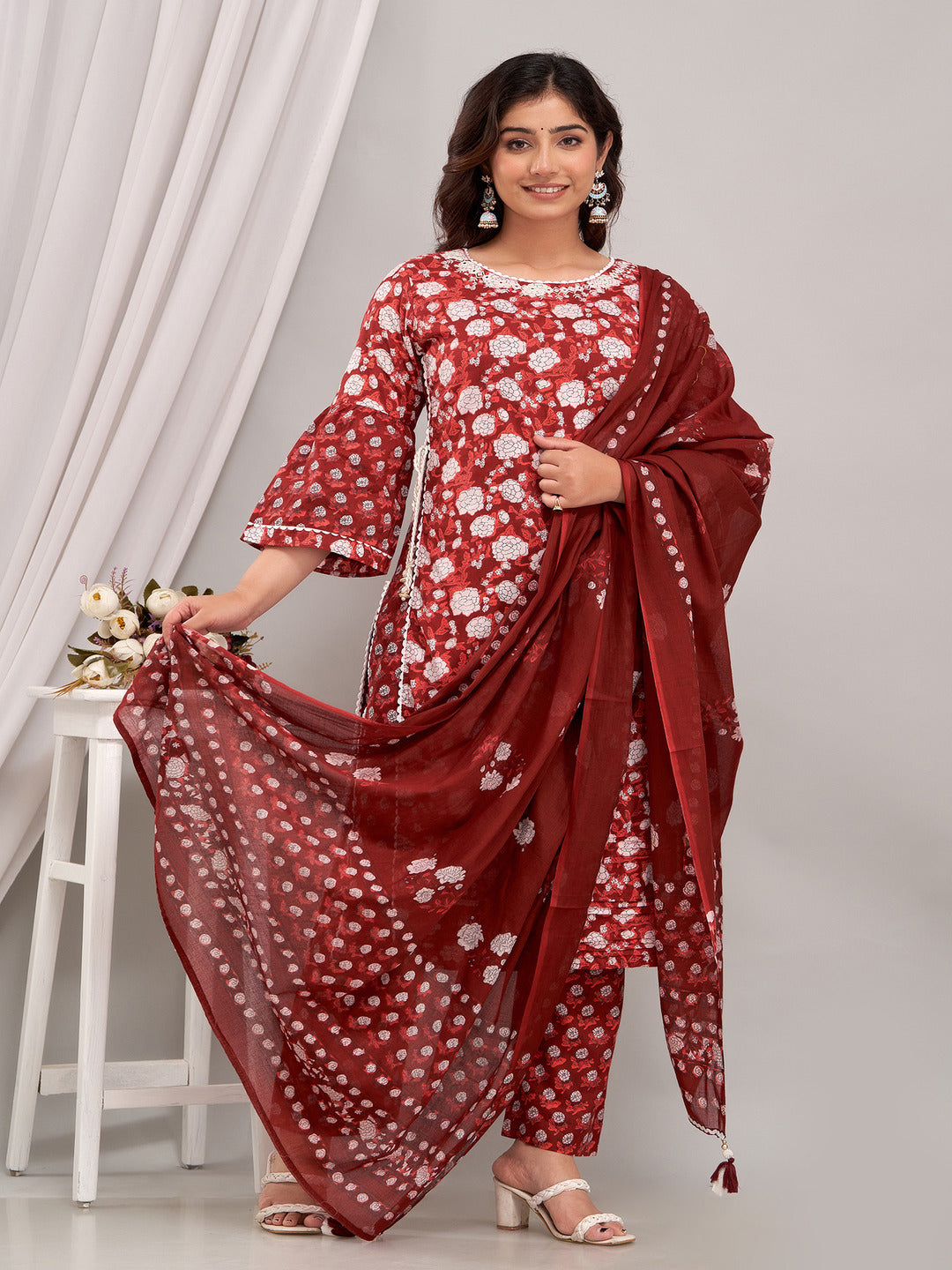 Embroidered Long Straight Cotton Kurta With Dupatta