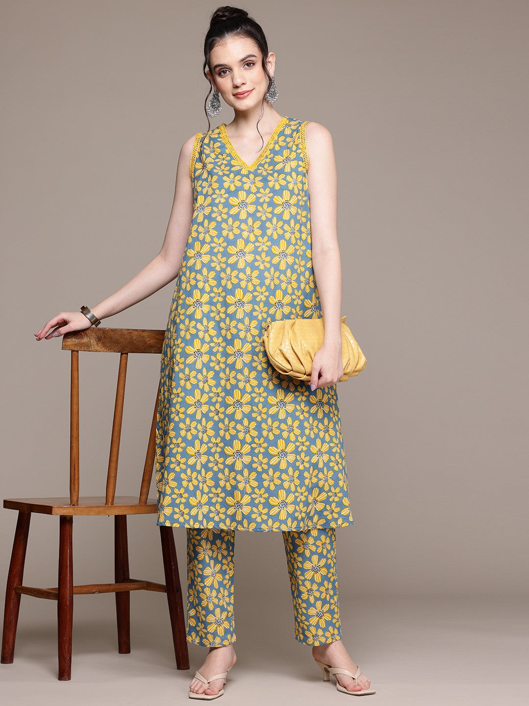 A Line Style Cotton Fabric Mustard Color Co-Ord Set