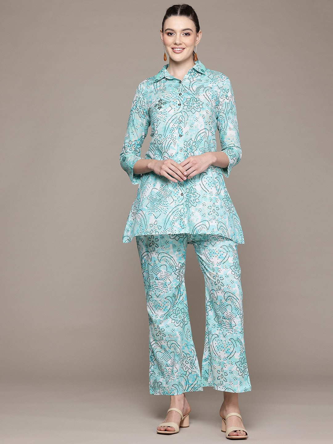 A Line Style Cotton Fabric Turquoise Blue Color Co-Ord Set