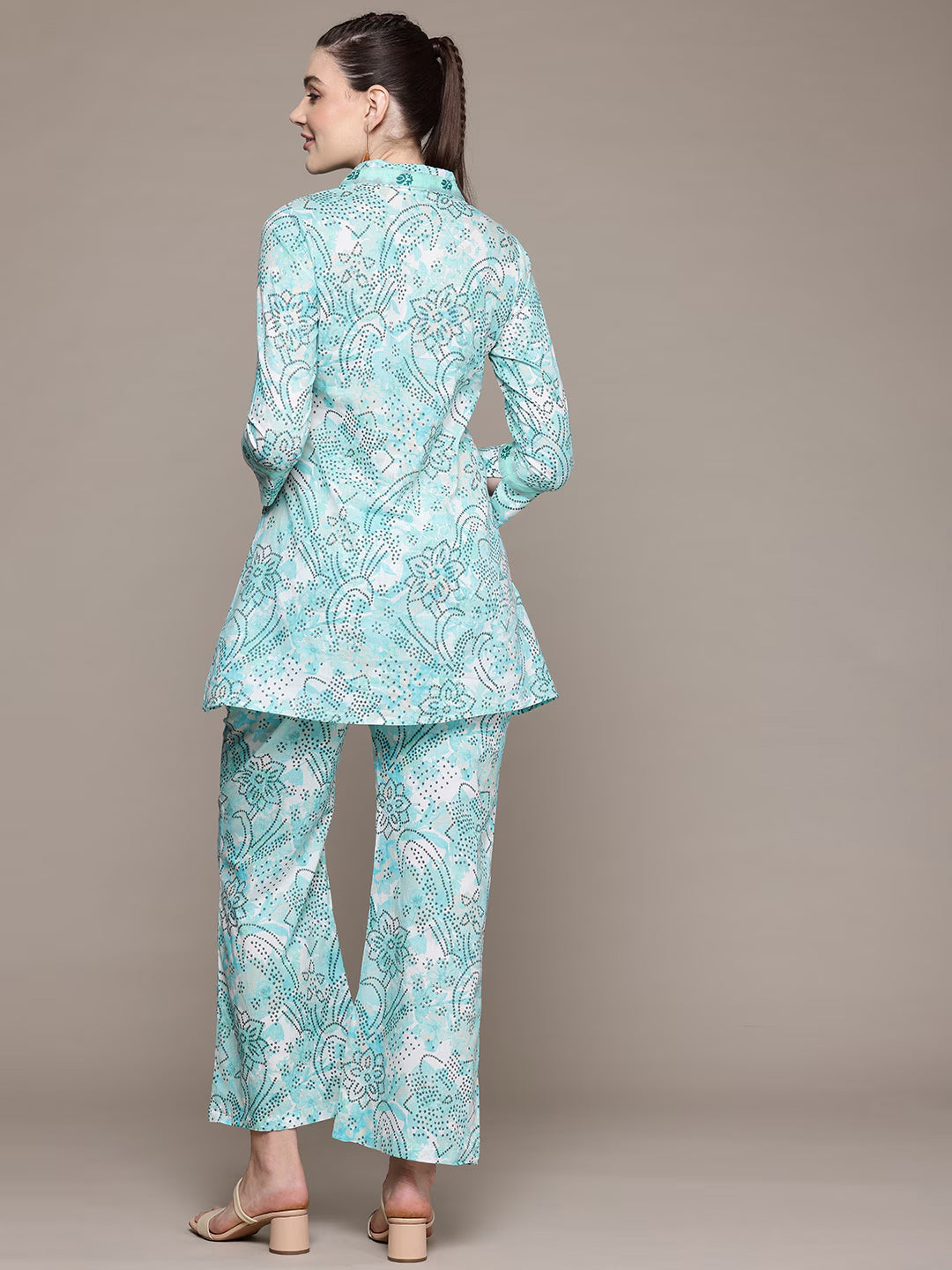 A Line Style Cotton Fabric Turquoise Blue Color Co-Ord Set