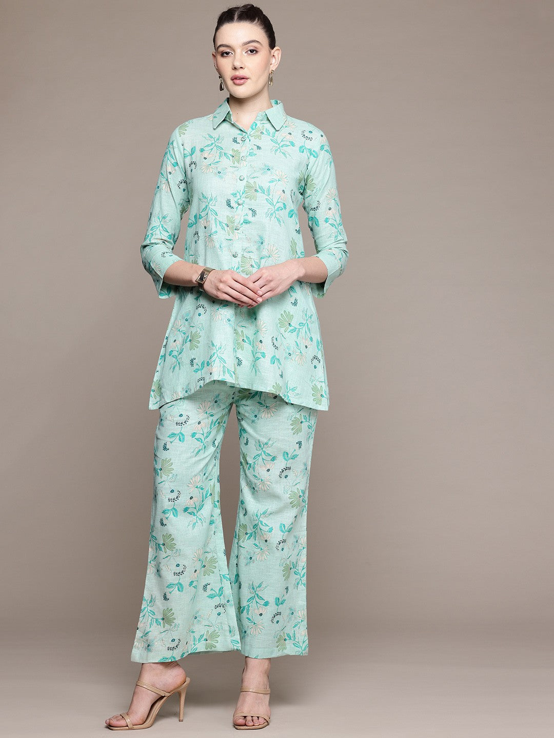 A Line Style Cotton Fabric Green Color Co-Ord Set