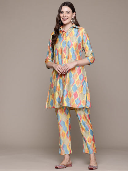 A line style Silk fabric Multi color Co-ord set