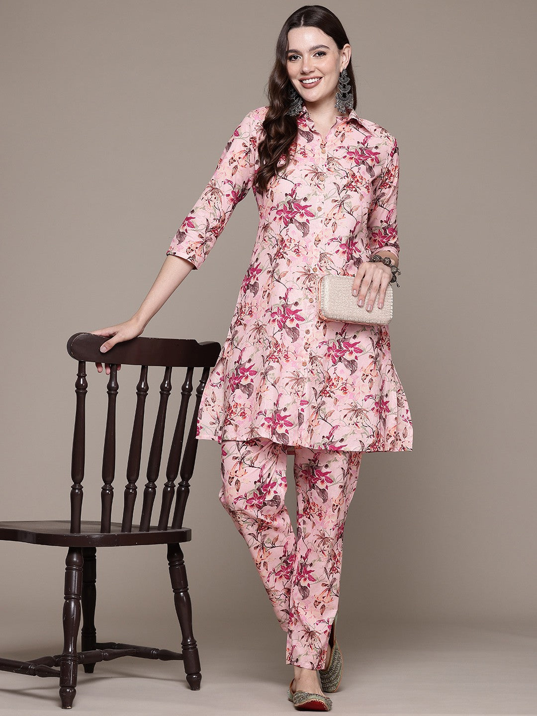 A line style Cotton fabric Pink color Co-ord set