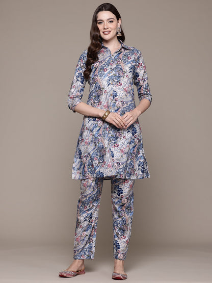 A line style Cotton fabric Blue color Co-ord set