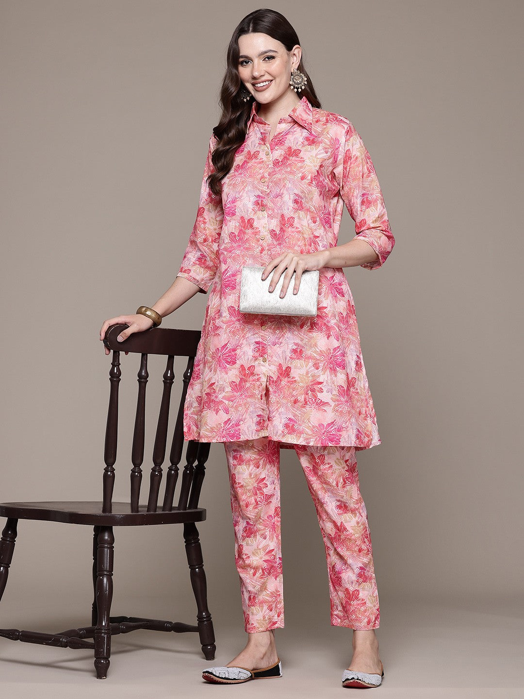 A line style Cotton fabric Pink color Co-ord set