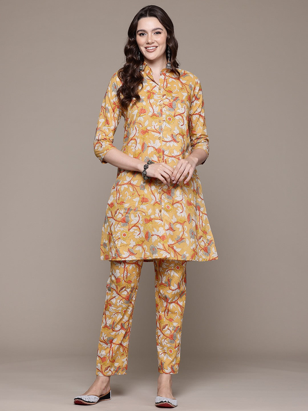 A line style Cotton fabric Mustard color Co-ord set