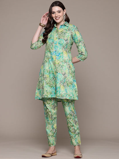 A line style Cotton fabric Green color Co-ord set