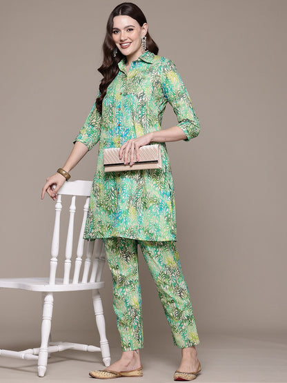 A line style Cotton fabric Green color Co-ord set