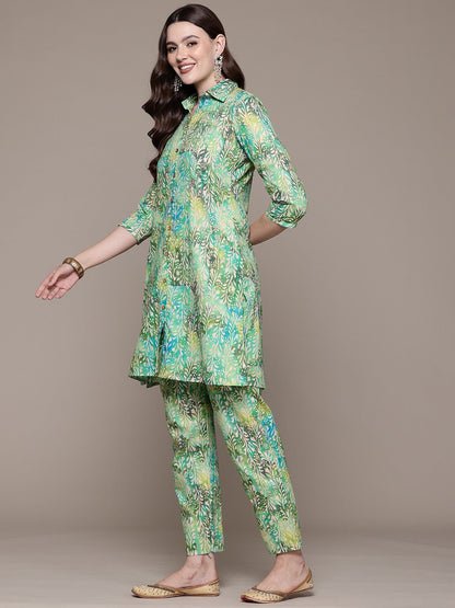 A line style Cotton fabric Green color Co-ord set