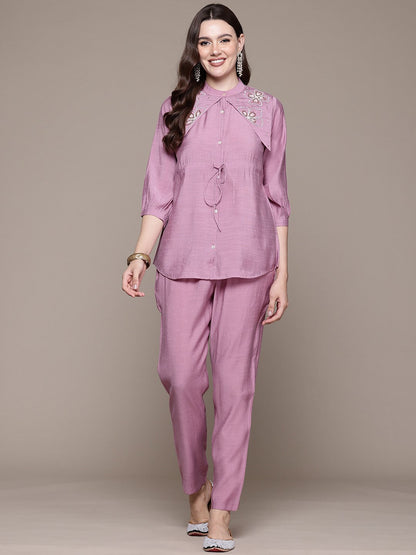 Straight style Silk fabric Mauve color Co-ord set