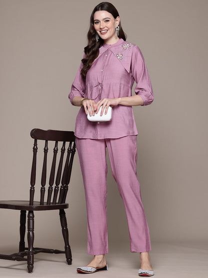 Straight style Silk fabric Mauve color Co-ord set