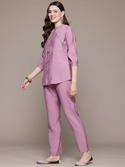 Straight style Silk fabric Mauve color Co-ord set