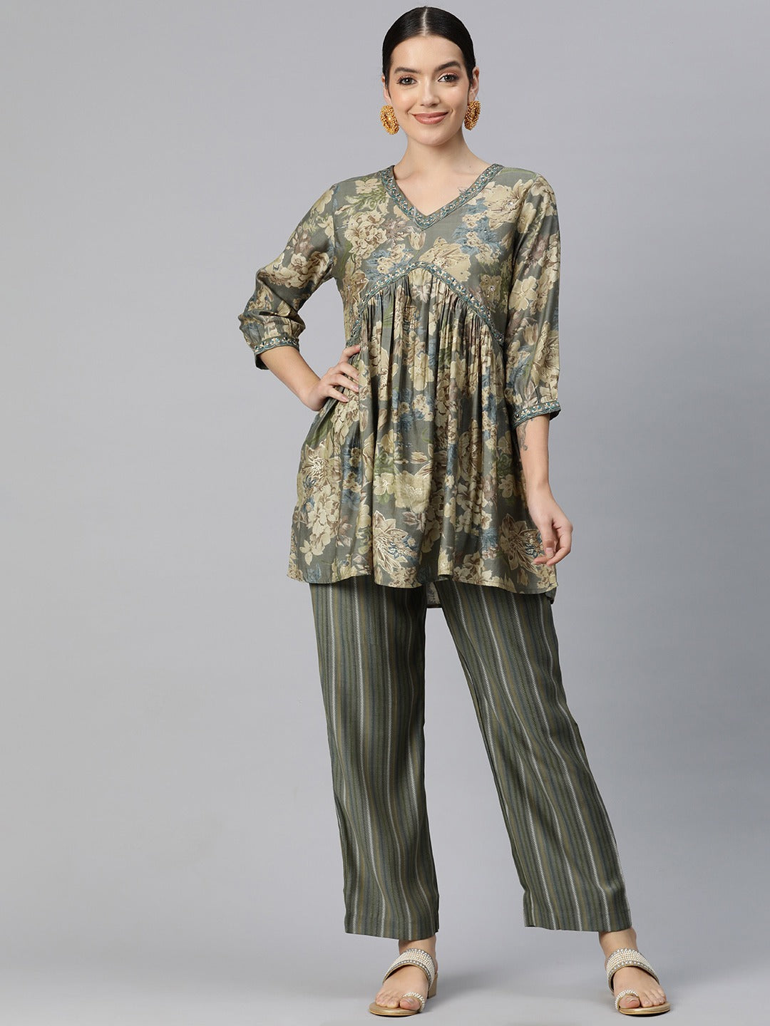 Frock Style Silk Fabric Olive Color Floral Printed Kurta And Bottom With Thread And Sequin Work