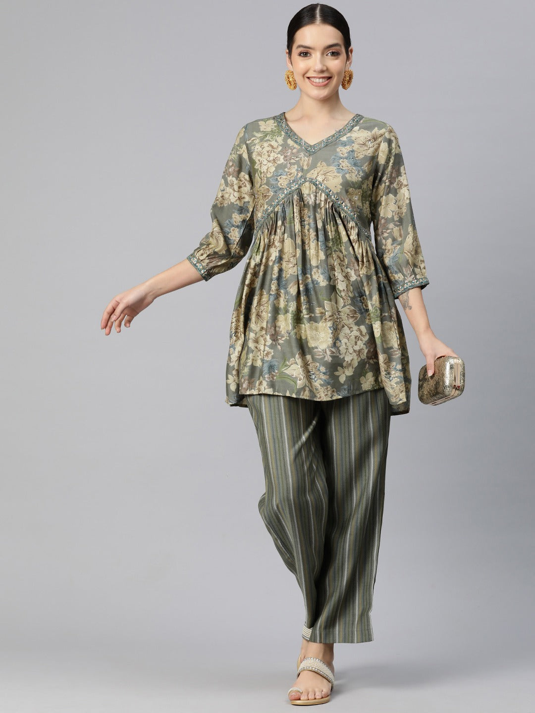 Frock Style Silk Fabric Olive Color Floral Printed Kurta And Bottom With Thread And Sequin Work