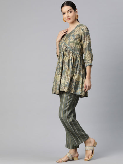 Frock Style Silk Fabric Olive Color Floral Printed Kurta And Bottom With Thread And Sequin Work