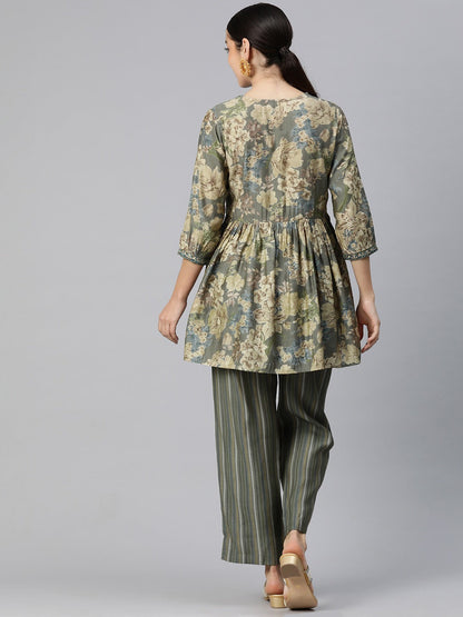 Frock Style Silk Fabric Olive Color Floral Printed Kurta And Bottom With Thread And Sequin Work