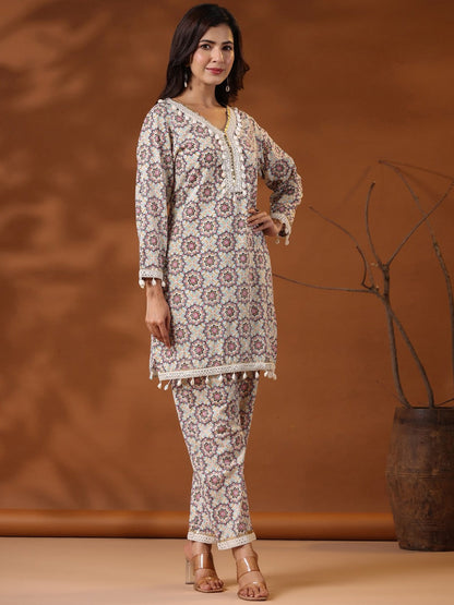 straight Style Cotton Fabric Multi Color Floral Printed Kurta And Bottom With Cowrie Shell Work