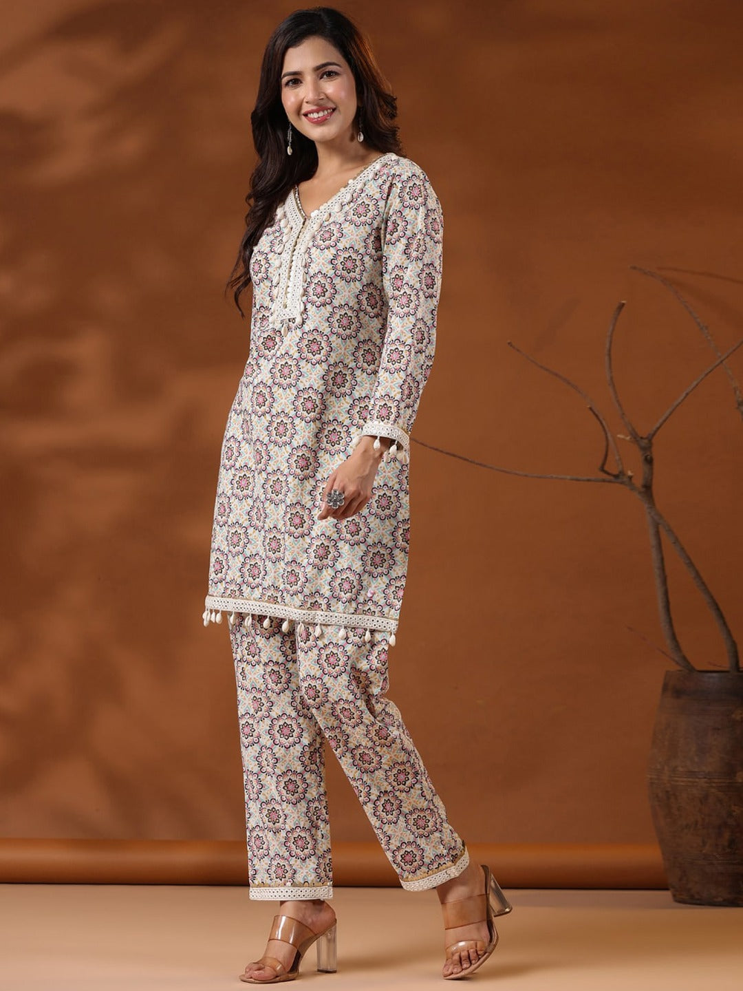 straight Style Cotton Fabric Multi Color Floral Printed Kurta And Bottom With Cowrie Shell Work