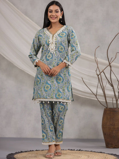 straight Style Cotton Fabric Blue Color Floral Printed Kurta And Bottom With Cowrie Shell Work