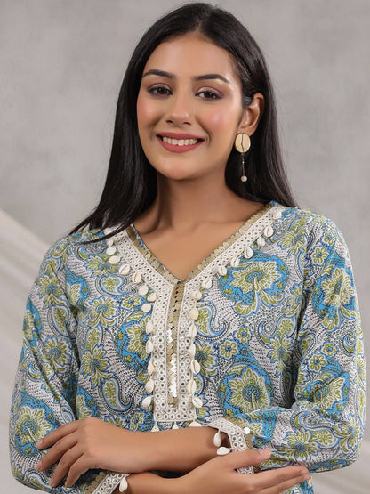 straight Style Cotton Fabric Blue Color Floral Printed Kurta And Bottom With Cowrie Shell Work