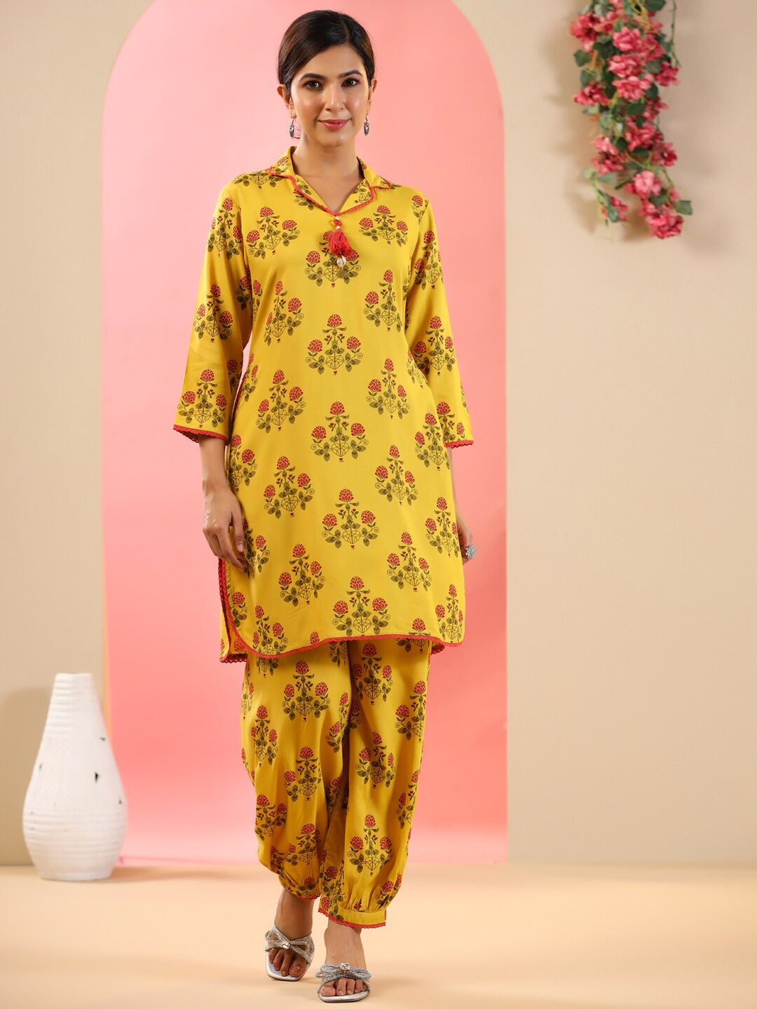 Straight Style Rayon Fabric Mustard Color Floral Printed Kurta And Bottom With Cowrie Shell Work