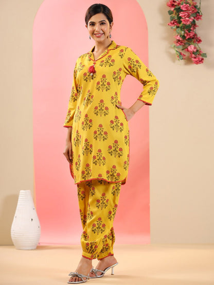 Straight Style Rayon Fabric Mustard Color Floral Printed Kurta And Bottom With Cowrie Shell Work