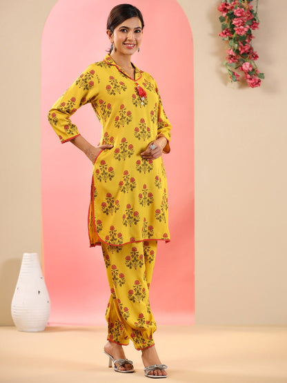 Straight Style Rayon Fabric Mustard Color Floral Printed Kurta And Bottom With Cowrie Shell Work