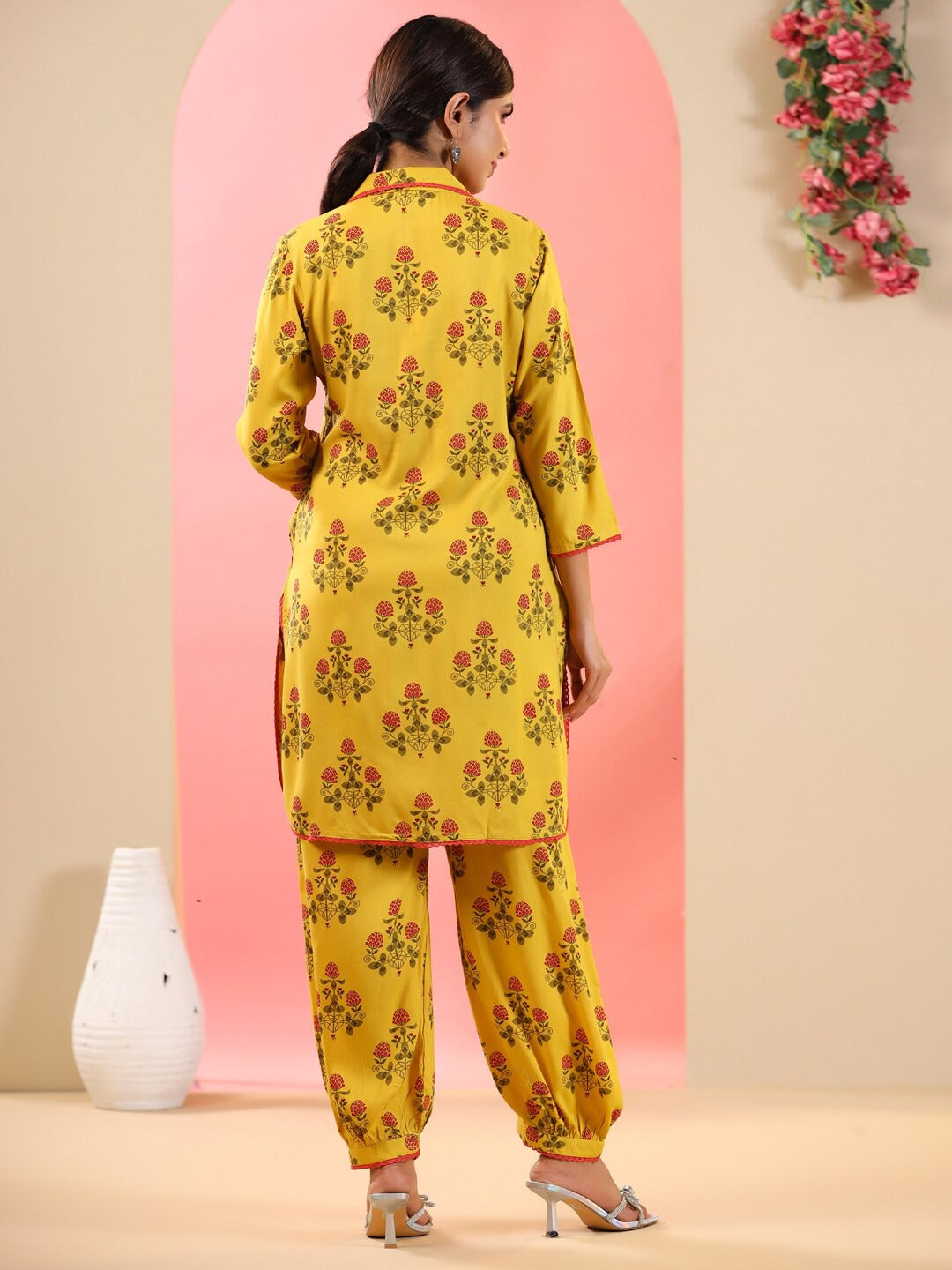 Straight Style Rayon Fabric Mustard Color Floral Printed Kurta And Bottom With Cowrie Shell Work