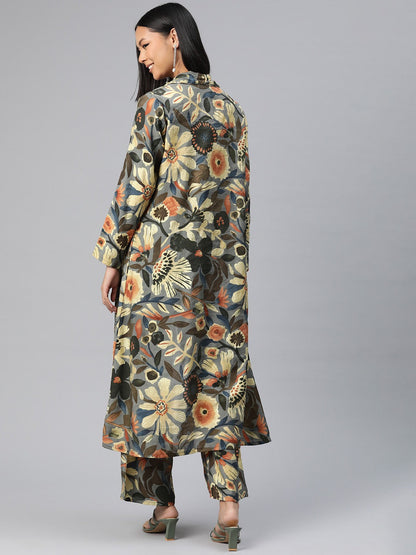 Top Style Silk Fabric Brown Color Floral Printed Kurta And Bottom With Printed Shrug