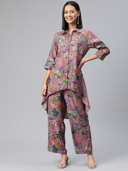 Asymmetrical Style Silk Fabric Violet Color Floral Printed Kurta And Bottom